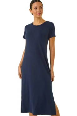 Roman Navy Ribbed Stretch Midi Dress