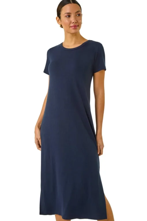 Roman Navy Ribbed Stretch Midi Dress