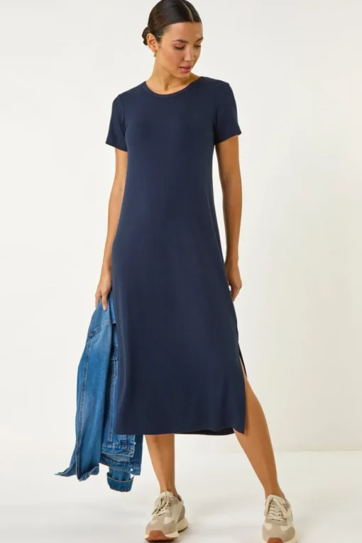 Roman Navy Ribbed Stretch Midi Dress