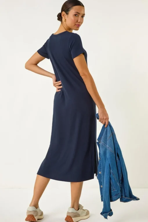 Roman Navy Ribbed Stretch Midi Dress