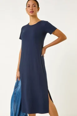 Roman Navy Ribbed Stretch Midi Dress