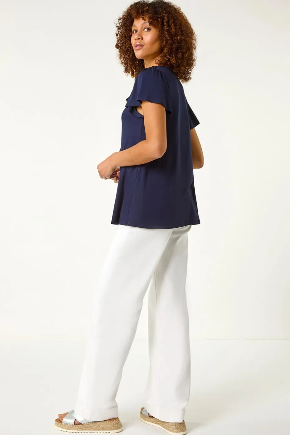Roman Navy Ruffle Front Stretch Top