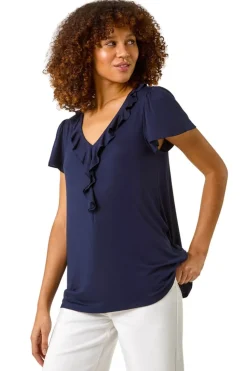 Roman Navy Ruffle Front Stretch Top