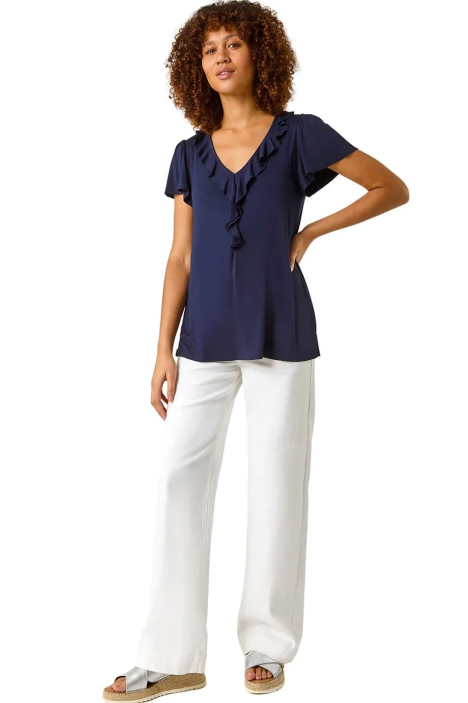 Roman Navy Ruffle Front Stretch Top