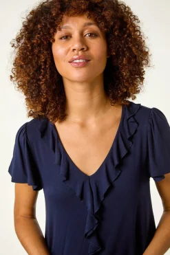 Roman Navy Ruffle Front Stretch Top