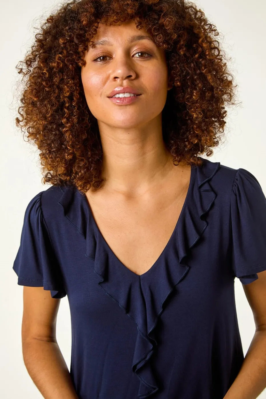 Roman Navy Ruffle Front Stretch Top