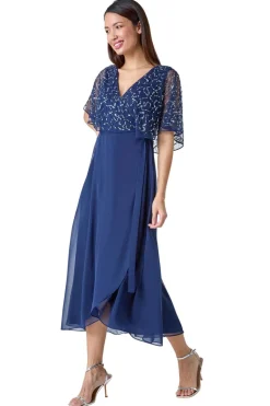 Roman Navy Sequin Embellished Maxi Wrap Dress