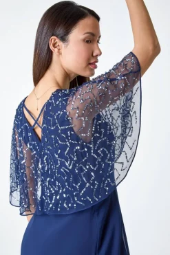 Roman Navy Sequin Embellished Maxi Wrap Dress