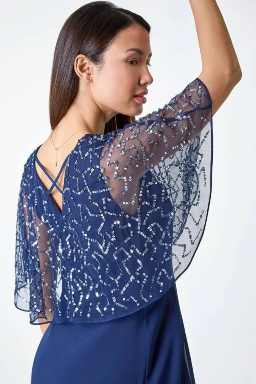 Roman Navy Sequin Embellished Maxi Wrap Dress