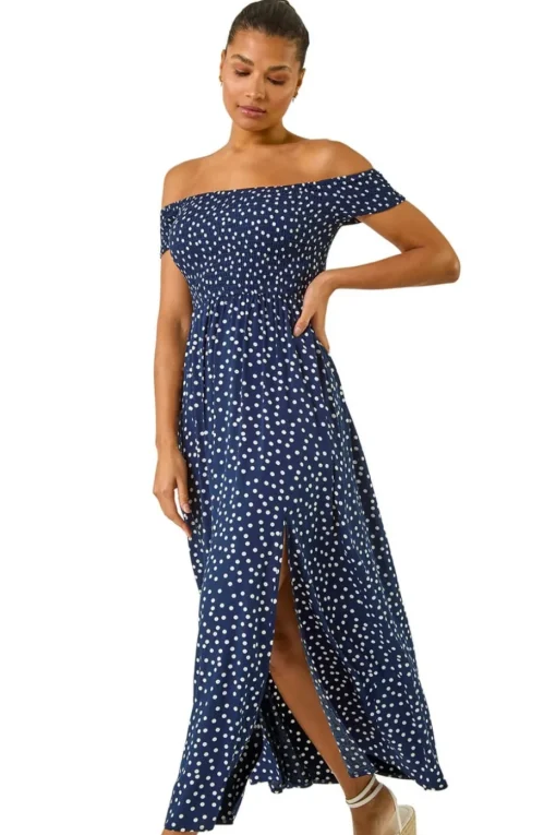 Roman Navy Spot Print Bardot Shirred Maxi Dress
