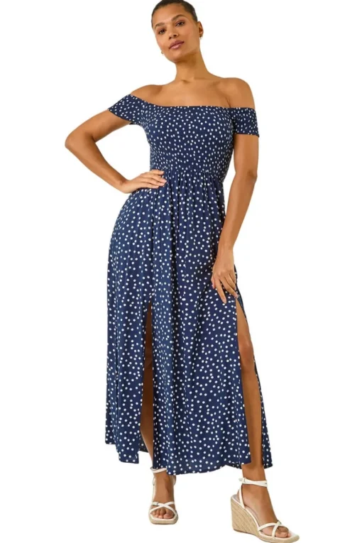 Roman Navy Spot Print Bardot Shirred Maxi Dress