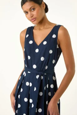 Roman Navy Spot Print Belted Midi Dress