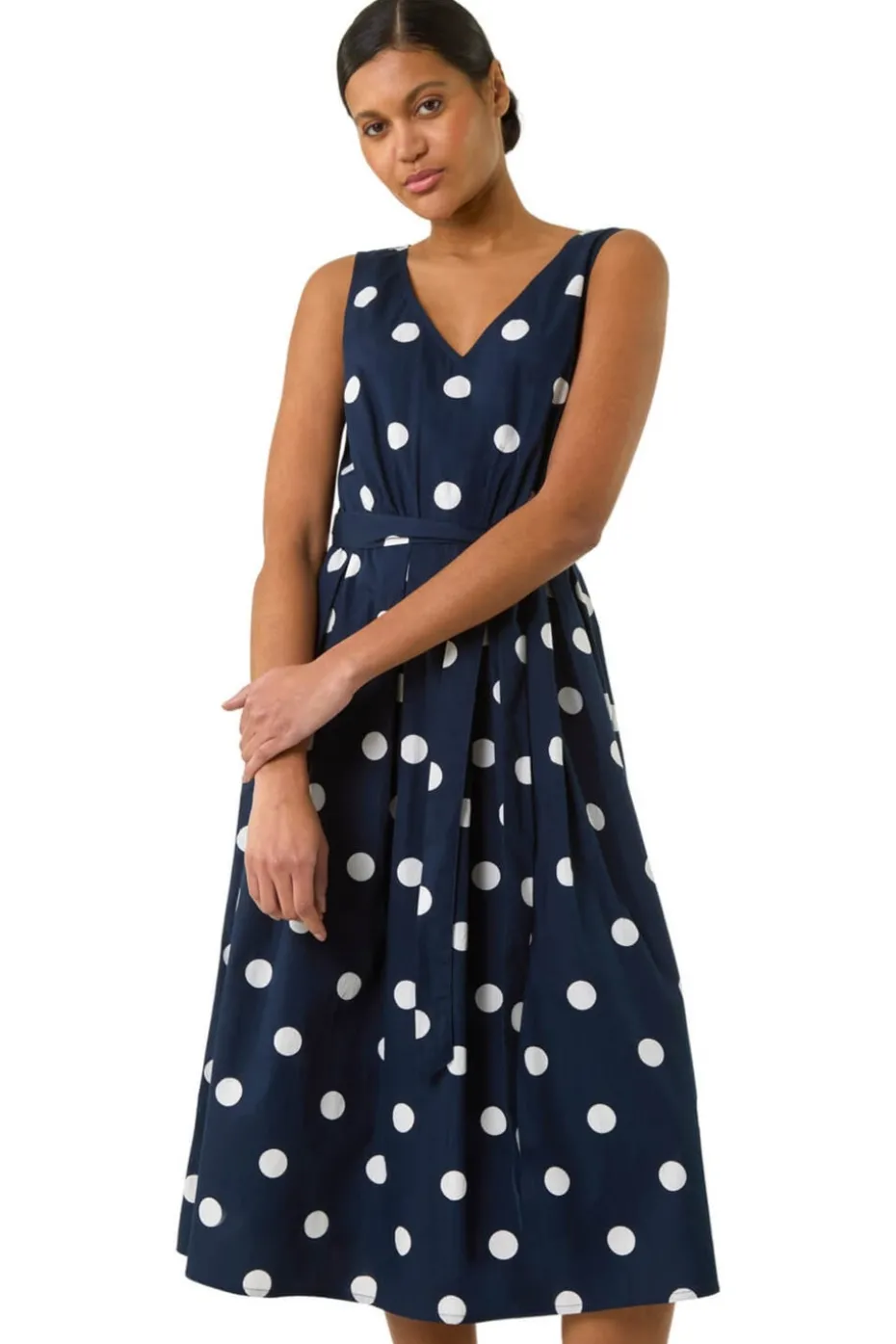 Roman Navy Spot Print Belted Midi Dress