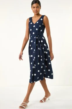 Roman Navy Spot Print Belted Midi Dress