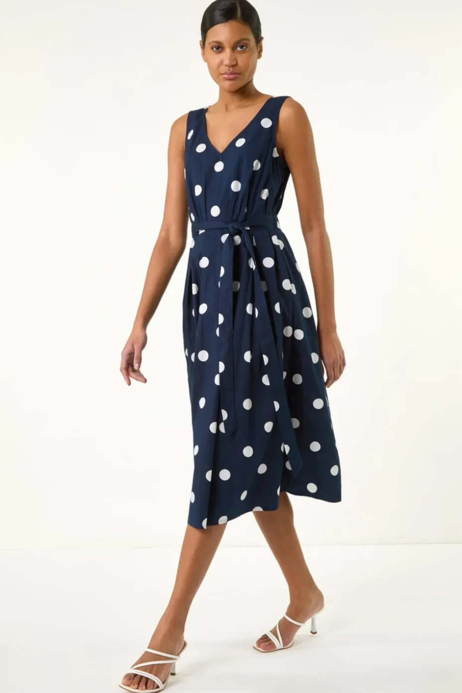 Roman Navy Spot Print Belted Midi Dress