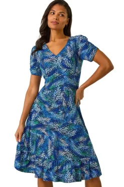 Roman Navy Stretch Abstract Buttoned Tea Dress