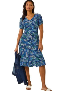 Roman Navy Stretch Abstract Buttoned Tea Dress