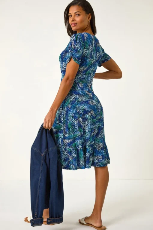 Roman Navy Stretch Abstract Buttoned Tea Dress