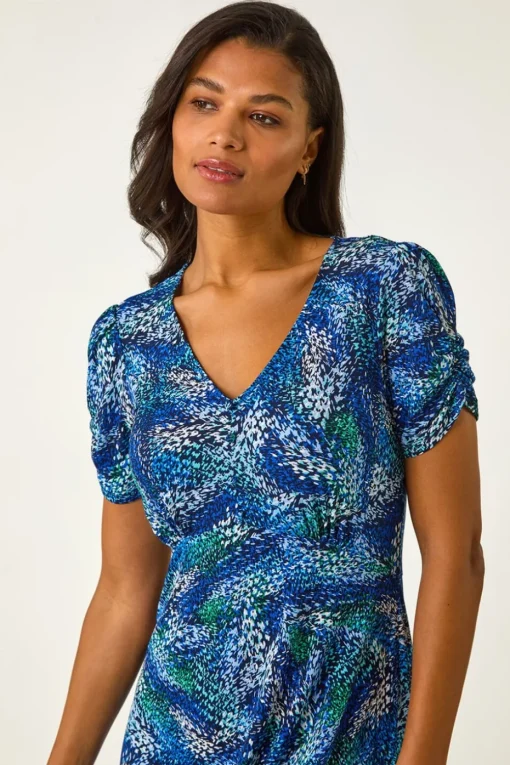 Roman Navy Stretch Abstract Buttoned Tea Dress