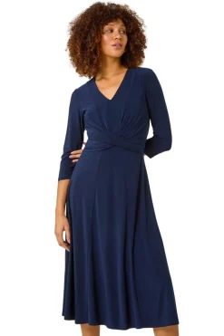 Roman Navy Stretch Crossover Midi Dress