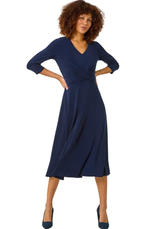 Roman Navy Stretch Crossover Midi Dress
