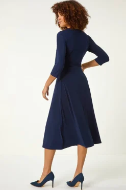 Roman Navy Stretch Crossover Midi Dress