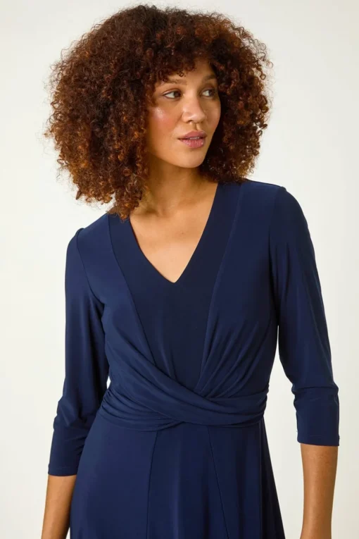 Roman Navy Stretch Crossover Midi Dress