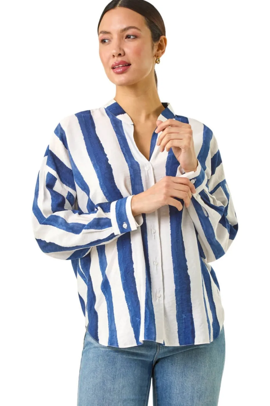 Roman Navy Stripe Print Relaxed Button Shirt
