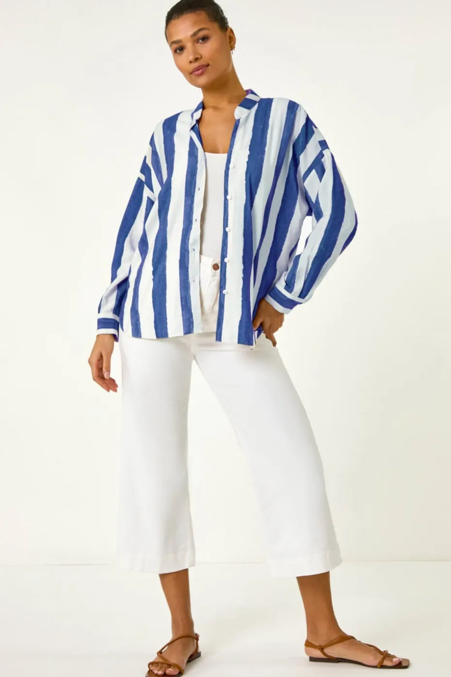 Roman Navy Stripe Print Relaxed Button Shirt