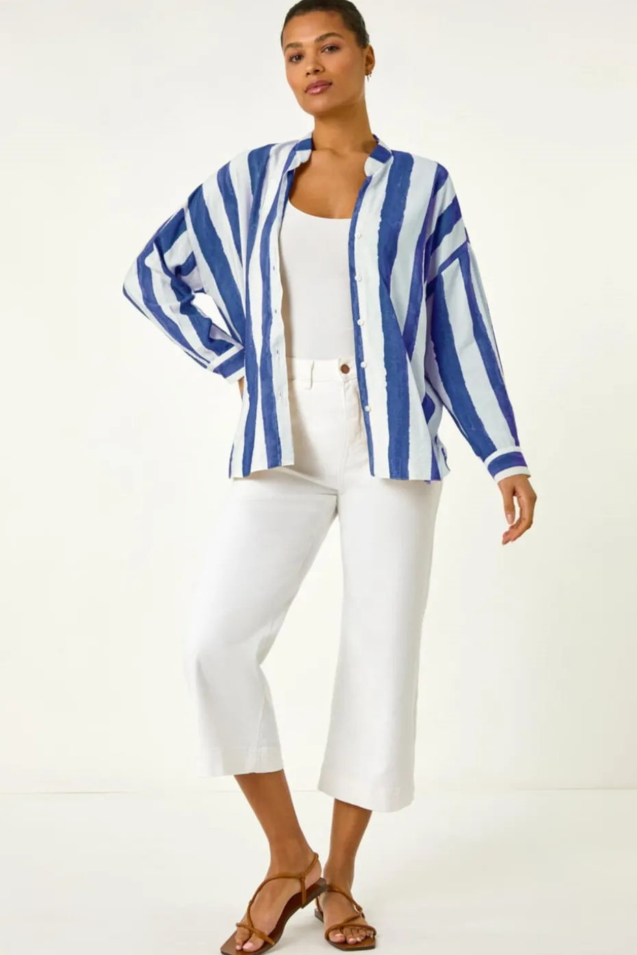 Roman Navy Stripe Print Relaxed Button Shirt
