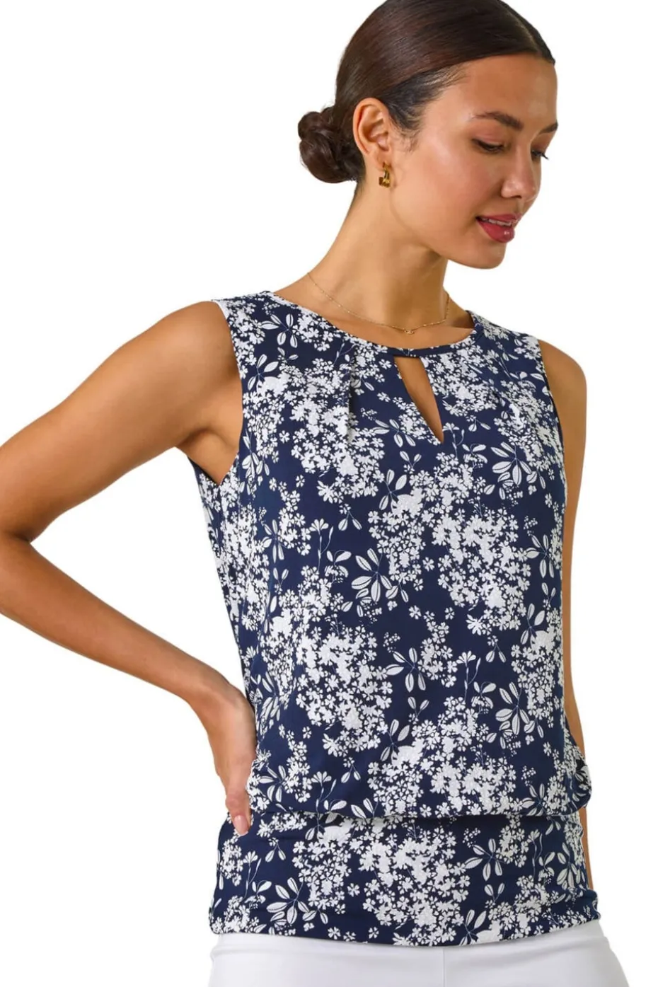 Roman Navy Textured Ditsy Floral Print Top