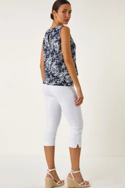 Roman Navy Textured Ditsy Floral Print Top