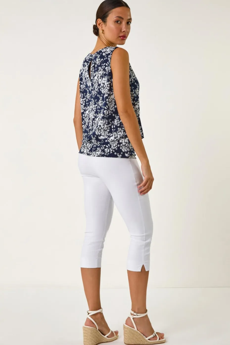 Roman Navy Textured Ditsy Floral Print Top