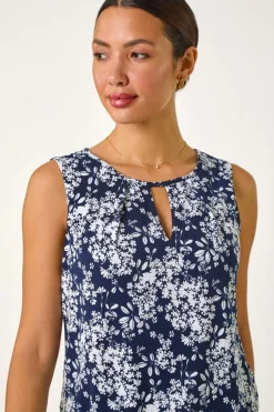 Roman Navy Textured Ditsy Floral Print Top