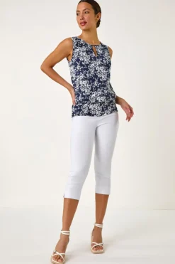 Roman Navy Textured Ditsy Floral Print Top