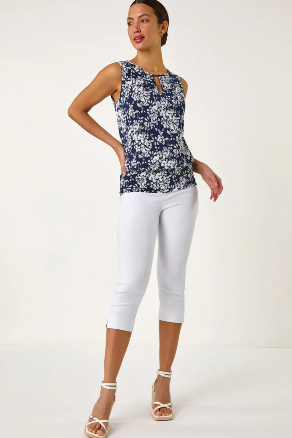 Roman Navy Textured Ditsy Floral Print Top