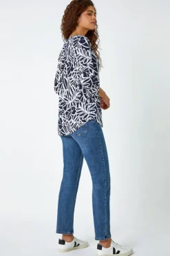 Roman Navy Textured Floral Print Stretch Top