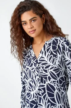 Roman Navy Textured Floral Print Stretch Top