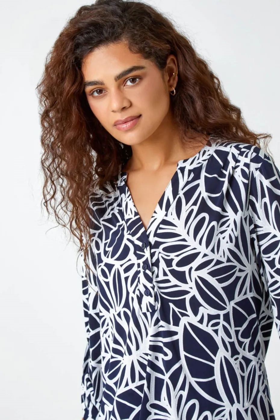 Roman Navy Textured Floral Print Stretch Top