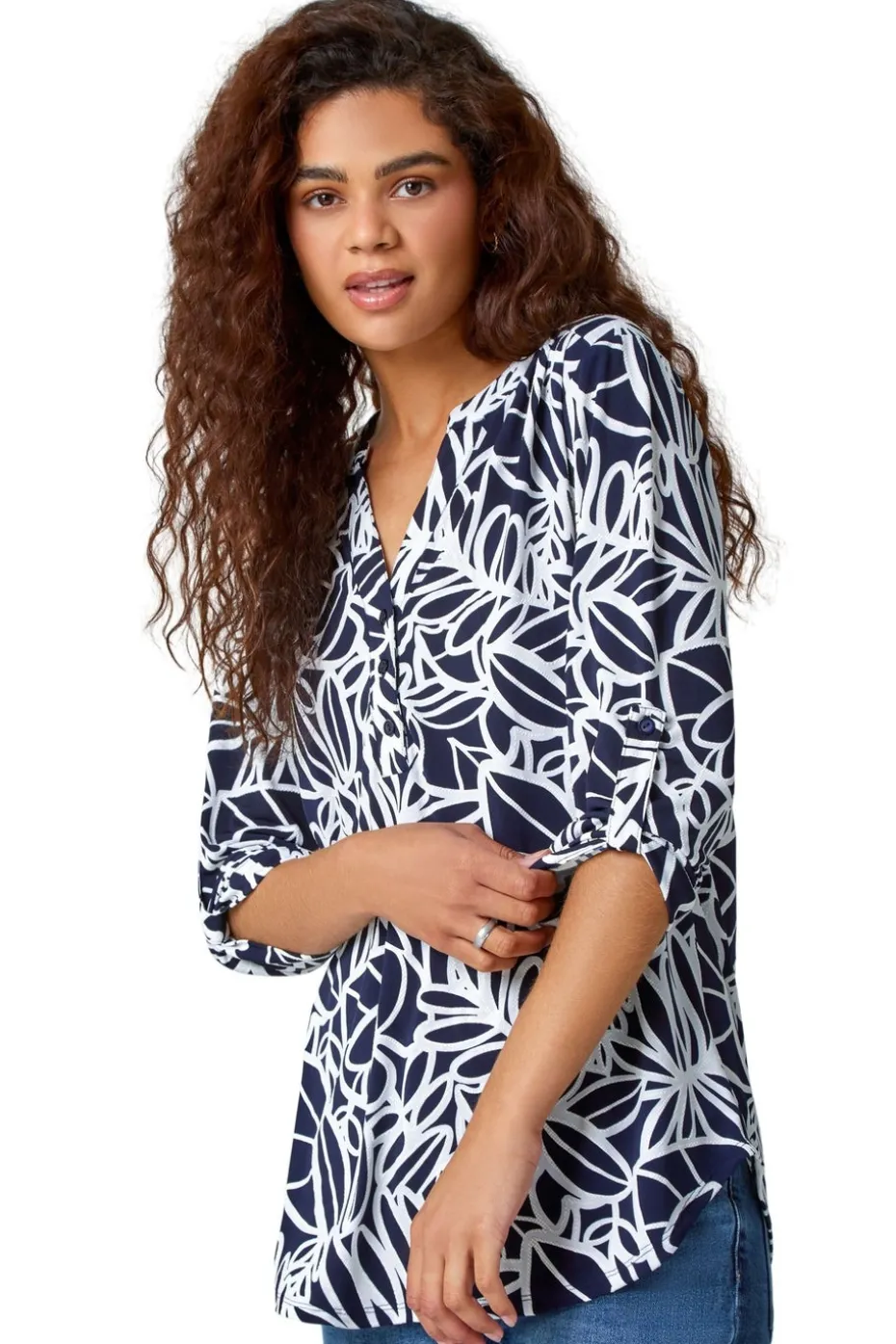 Roman Navy Textured Floral Print Stretch Top