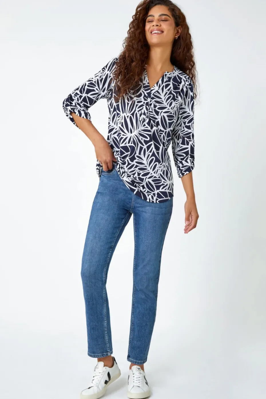 Roman Navy Textured Floral Print Stretch Top