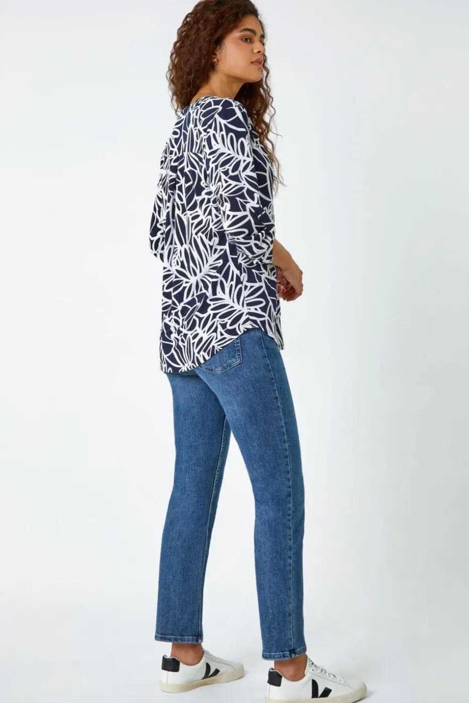 Roman Navy Textured Floral Print Stretch Top