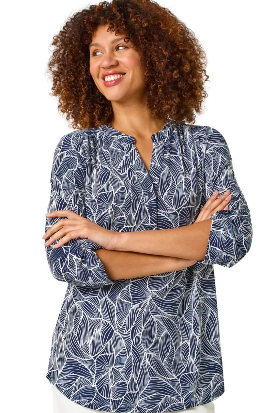 Roman Navy Textured Leaf Print V-Neck Stretch Shirt