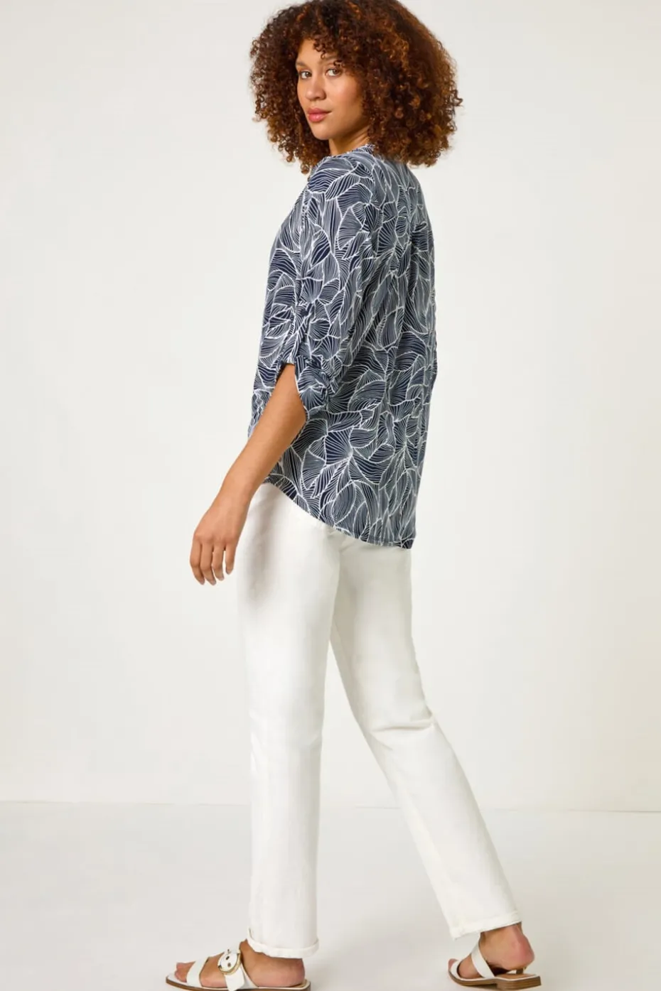 Roman Navy Textured Leaf Print V-Neck Stretch Shirt
