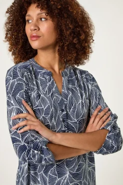 Roman Navy Textured Leaf Print V-Neck Stretch Shirt