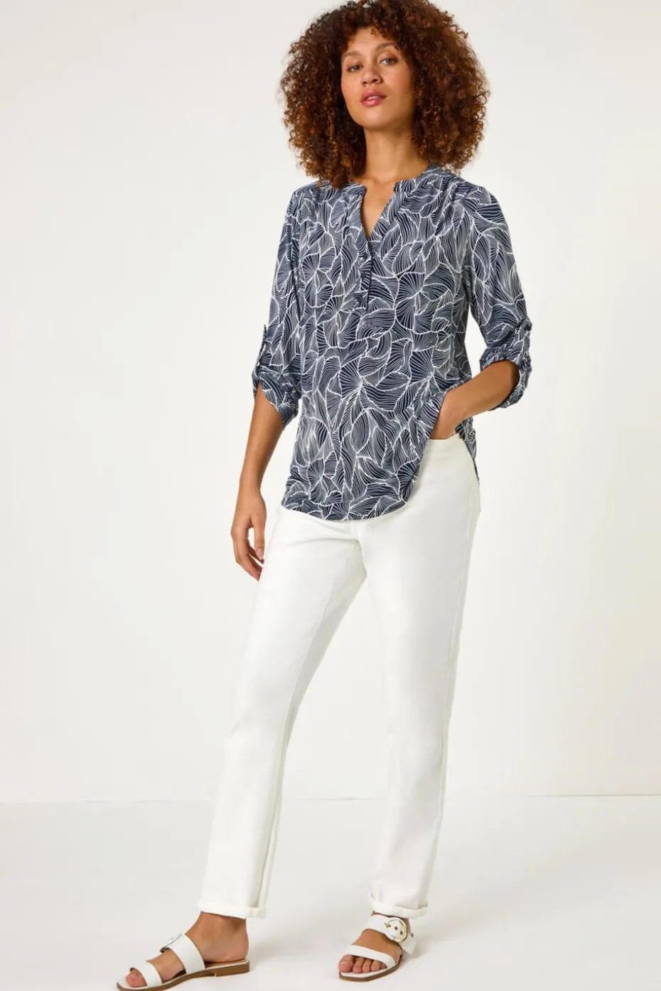 Roman Navy Textured Leaf Print V-Neck Stretch Shirt