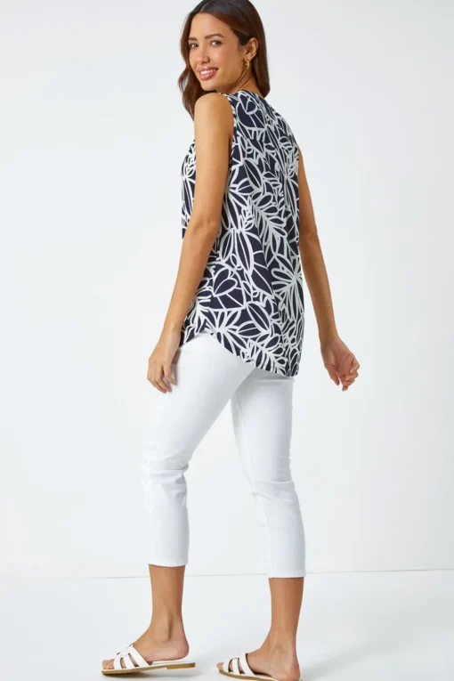 Roman Navy Textured Linear Print Sleeveless Top
