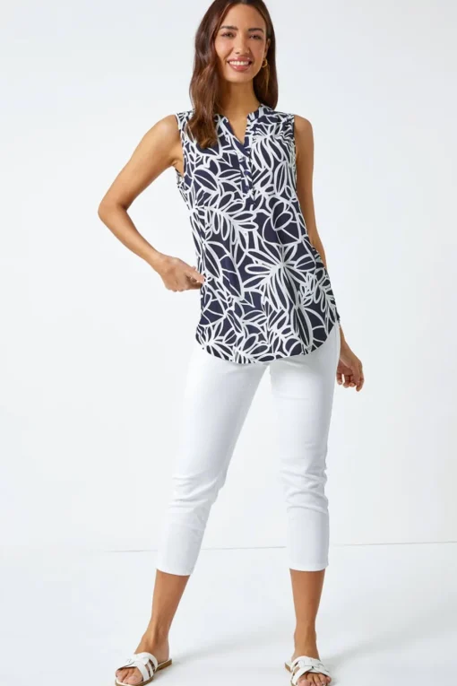 Roman Navy Textured Linear Print Sleeveless Top