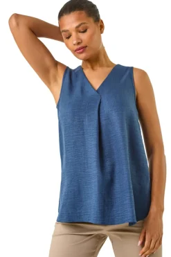 Roman Navy Textured Pleat Front Vest Top