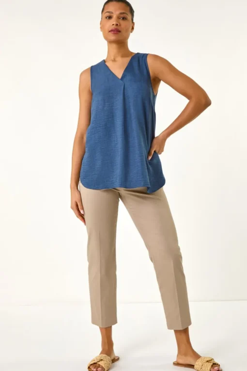 Roman Navy Textured Pleat Front Vest Top